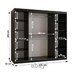 2 Sliding Door WBBS Wardrobe Shelves Rails Drawers 200cm Black Pattern Mirror