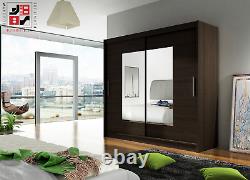 2 Sliding Door Wardrobe with Shelves, Rail and Mirror, Brown, 180 cm wide, FAST
