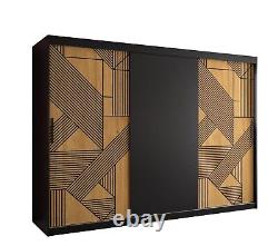 3 Doors Sliding Wardrobe Pattern Black Shelves Rails Drawers 250cm Assembly Incl