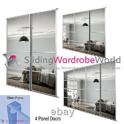 4 Panel Silver Frame & Mirror Sliding Wardrobe Door Kits & Tracks (All sizes)