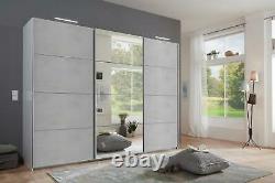 ASSEMBLED German Ernie White Concrete Grey 3 Door Mirror 270cm Sliding Wardrobe