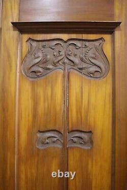 Antique Art Nouveau sliding mirror door carved satinwood triple wardrobe