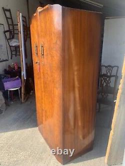 Antique Walnut Art Deco Small 2 Door Wardrobe Shelves Sliding Doors