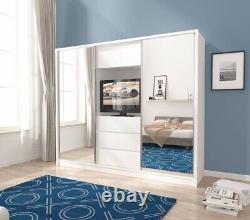 Brand New Modern Bedroom Mirror Sliding Door Wardrobe TV in White Matt 254cm