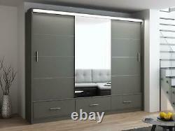 Grey matt wardrobe LENOX 255cm 3 sliding mirrored doors