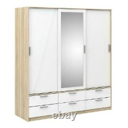 Line Modern Mirror 3 Sliding Door 6 Drawer Wardrobe in High Gloss White and Oak