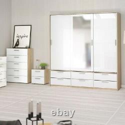 Line Modern Mirror 3 Sliding Door 6 Drawer Wardrobe in High Gloss White and Oak