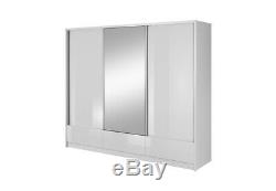 MODERN WARDROBE 250cm 3 drawers 3 sliding doors bedroom WHITE GLOSS FRONT (PIAR)