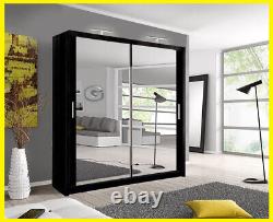 Milan 2 and 3 Mirror Sliding Door Wardrobe In Black Color With LED Light
