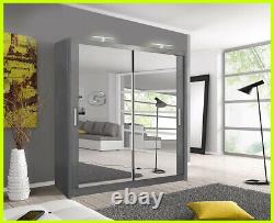 Milan 2 and 3 Mirror Sliding Door Wardrobe In Grey Color and 6 Sizes With LED