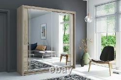 Modern 2 Door Mirrored Sliding Wardrobe With Full Glass, High Gloss Strip & Led