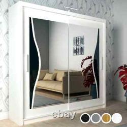 Modern Bedroom Double Mirror Door Sliding Wardrobe MONACO 4 Colors 1 Led Light