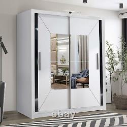 Modern Bedroom Double Sliding Door Wardrobe with LED Light Mirror 2 Colours