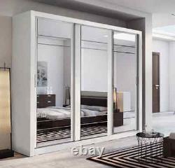 Modern Bedroom Furniture 3 Sliding Door Mirrored Wardrobe LED 250cm White Gloss