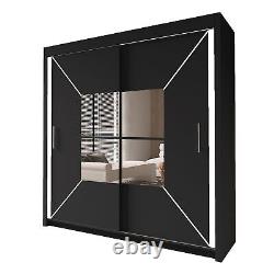 Modern Double Sliding Doors Wardrobe for Bedroom, 1 LED Light 4 Sizes 3 Colours