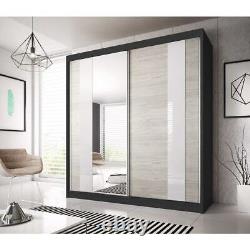 Modern Mirrored Sliding Door Wardrobe Multi 32 in Kathult Oak & Black 233cm