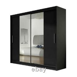Modern Wardrobe BRAVA 2 BLACK Sliding Doors Mirror Hanging Rail Shelves 180 cm