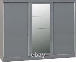 Nevada 3 Door Sliding Wardrobe with Mirror in Grey Gloss Hanging Rail Storage