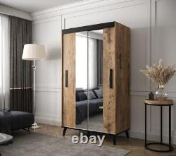 New Modern Sliding Door Mirror Wardrobe Galicja T1 in Oak Chestnut & Black 120cm