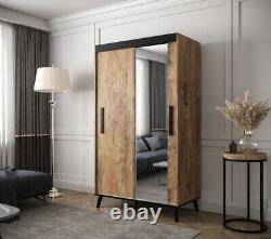 New Modern Sliding Door Mirror Wardrobe Galicja T2 in Oak Chestnut & Black 120cm