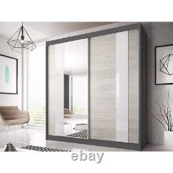 SALE! Modern Bedroom Sliding Mirror Door Wardrobe 233cm Oak and Graphite