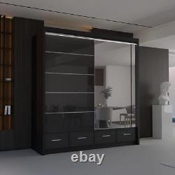 SYCYLIA High Gloss Sliding Door Wardrobe With Mirror For Bedroom With Led