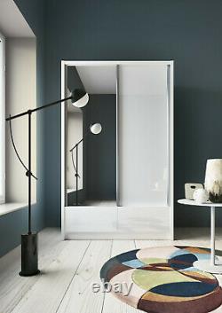 Sliding Door Wardrobe with Drawers / Gloss Finish / Mirrored Door / 134cm Width