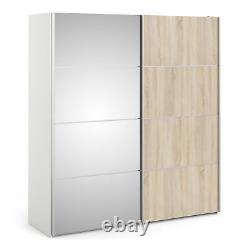Verona Sliding Wardrobe 180cm in White with Oak and Mirror Doors with 5 Shelves