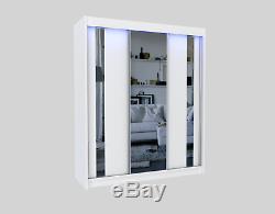 WHITE WARDROBE with 3 sliding doors INT DRAWERS, FULL MIRROR, MRGR 180cm + LED