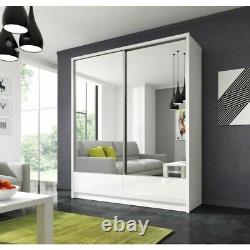 WHITE WARDROBE with sliding doors MIRRORS & GLOSS FRONT / DRAWERS 4 SIZES PIAR
