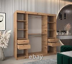 Wardrobe 200 cm''BOLIVIA'' Sliding Doors Rail Shelves Mirror Black White Oak