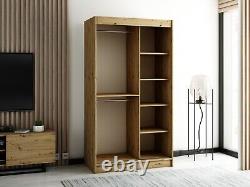 Wardrobe CAMELO 120 cm Sliding Doors 2x Hanging Rail Shelves Oak Black Wood