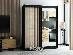 Wardrobe CAMELO 2 180 cm Sliding Doors 2x Rail Shelves Mirror Oak Black White