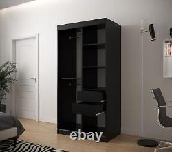 Wardrobe IDELKA 2 100 cm Sliding Doors Shelves Rails Mirror White Black Oak