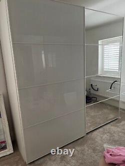 Wardrobe IKEA Pax Sliding Doors X 2 White Glass Mirror Shelves Hanging Rails