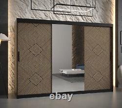 Wardrobe KAIR 2 250 cm Sliding Doors Hanging Rail Shelves Mirror Black Pattern