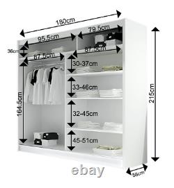 Wardrobe Mirror 180cm Sliding Doors Black Shelves Rail Closet Storage Bedroom