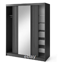 Wardrobe'PRESCCO' 180 x 220 cm 3 Sliding Doors Rails Shelves Mirror Black