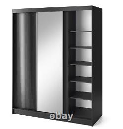 Wardrobe'PRESCCO' 180 x 220 cm 3 Sliding Doors Rails Shelves Mirror Black